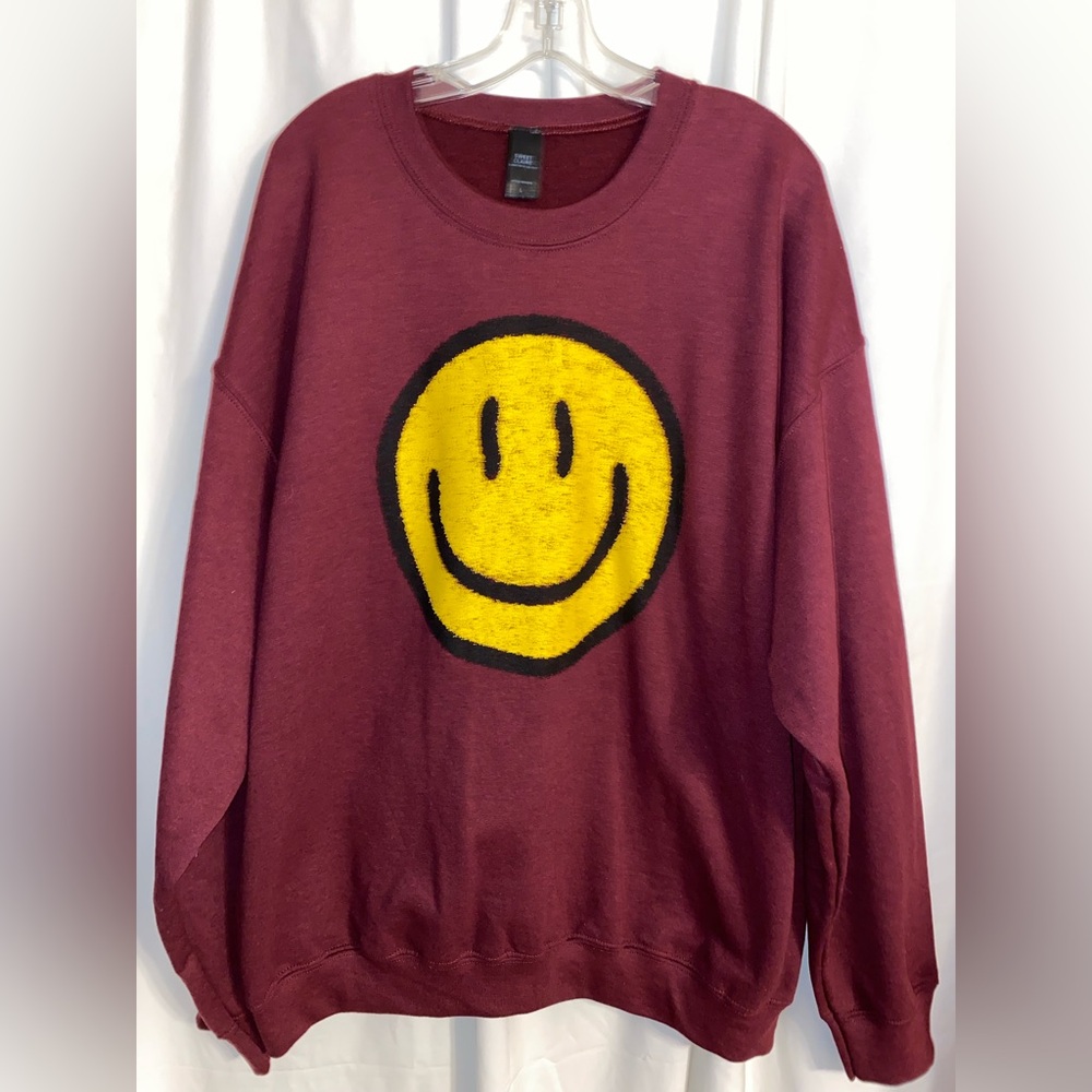 Sweet Claire Maroon Happy Face Long Sleeve Oversized Sweatshirt Sz L NWOT